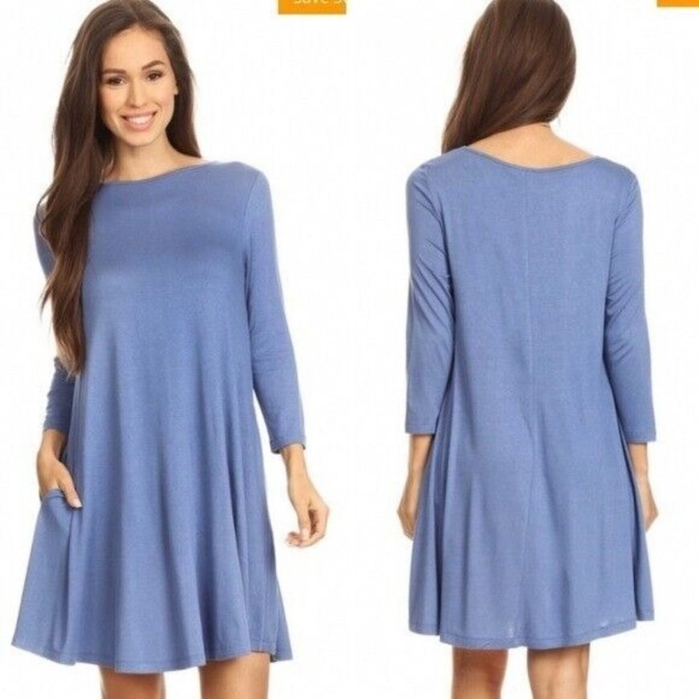 COCO + Carmen 3/4 Sleeve Swing Dress with Pockets Slate Blue Size Medium